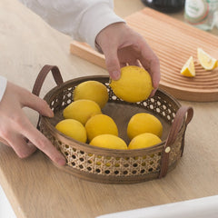 Round Rattan Woven Tray Decorative Tray with Leather Handle, Vanity Tray Organiser for Kitchen Home Serving, Storage and Display
