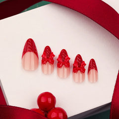 YICKYUE  -  Red Chic French Bowknot Snow Pattern Delicate Heart Nail Art Fake Nail Detachable Finished False Nails Press on Nails Christmas