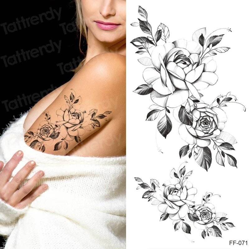YICKYUE  -  Black White Flowers Tattoo Stickers Waterproof Chic Sketch Floral Temporary Tattoos Arm Sleeve Body Art Decals Accessories