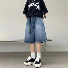 Hearujoy  Mens Y2k Casual Streetwear Denim Shorts with Belt 2024 Spring Summer New Genderless Sports Simple Solid Color Loose Jeans Unisex