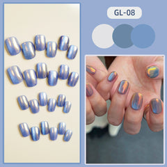 YICKYUE -  Phototherapy Aurora Cat's Eye Fake Nails Press On Glitter Decor Wearing Nail Art Short Square False Nails Finished Nail Tips