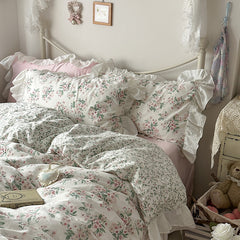 YICKYUE  -  French Romantic Ins Spring and Summer 60 Count Cotton Washed Cotton Four-piece Set Pure Cotton Princess Style Lace Quilt Cover Bed Sheet