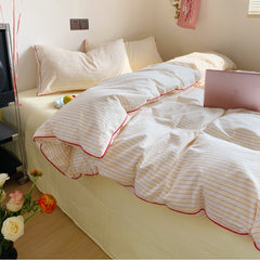 YICKYUE  -  Korean Style Bedding Set - Ultra Soft Washed Cotton 4pc w/ Contrast Edging
