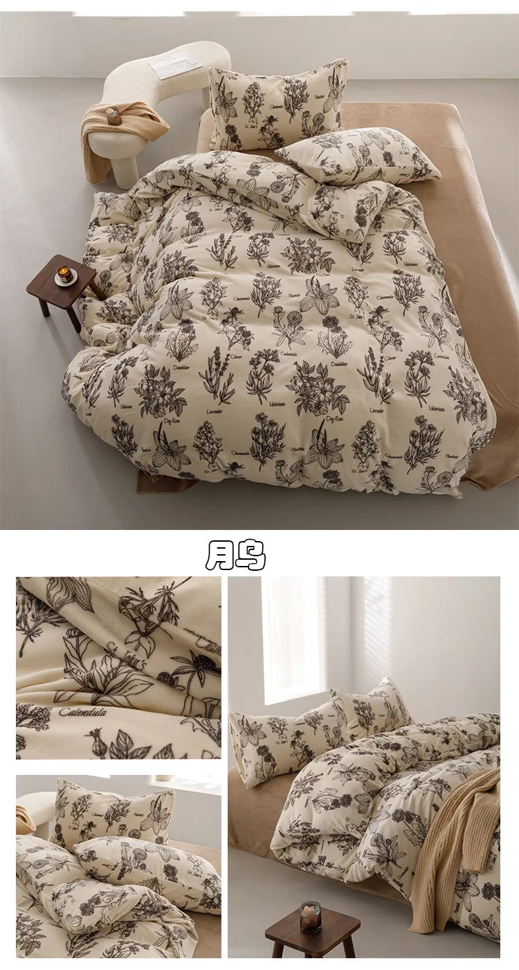 YICKYUE  -  Warm Plant Pattern Duvet Cover Set, Thick Flannel Fleece, Luxury Bedding Set, Simple Soft Short Plush Bed Set, Autumn and Winter
