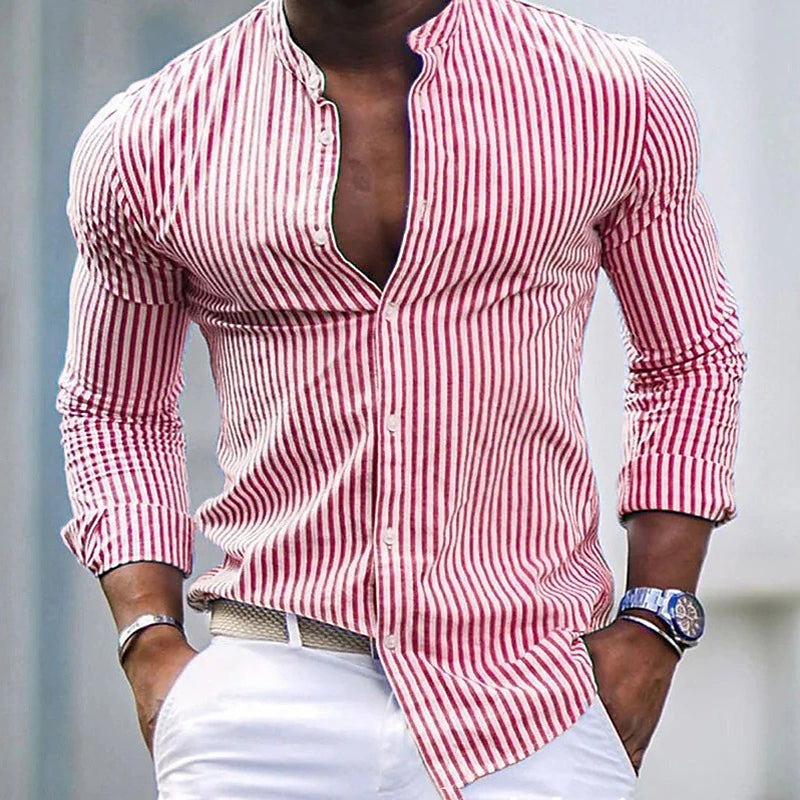 Hearujoy Fashion Men's Striped Shirt Spring Autumn Long Sleeve Stand Neck Oversize Loose Tops Casual Youth Shirts Clothing For Mens