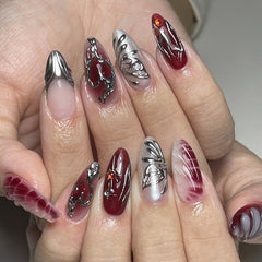 YICKYUE  -  24pcs Dark purple Fake Nails 3D Butterfly Hand-painted Almond False Nails Wearable Full Cover Punk Spice Girls Press on Nails
