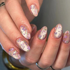 Yickyue  24Pcs Purple Cat's Eye Press on Almond Nails with Delicate Floral Designs Romantic Fasle Nail Tips for Women&Girls Elegance Wear