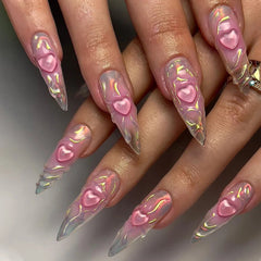 Yickyue  Purple French Aurora Bowknot Flowers Rhinestone Long Pointed False Nails Detachable Finished Fake Nails Press on Nails with Glue