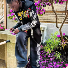 Hearujoy  2024 Y2k Long Sleeved Zippered Printed Pullover Hoodie, Hoodie And Pants Two-Piece Streetwear Trendy Outfit, Dark Vintage Outfit