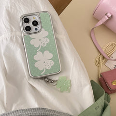 YICKYUE  -  Ins Mirror Green Background Polka Dot Four Leaf Clover Pendant Phone Case for iPhone 16 15 14 13 Pro Max Back Cover Funda