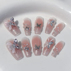 YICKYUE  -  10Pcs Handmade Blush Pink Fake Nail Long Ballet Nails Art Tip Detachable French Butterfly Design Finished Press on False Nails