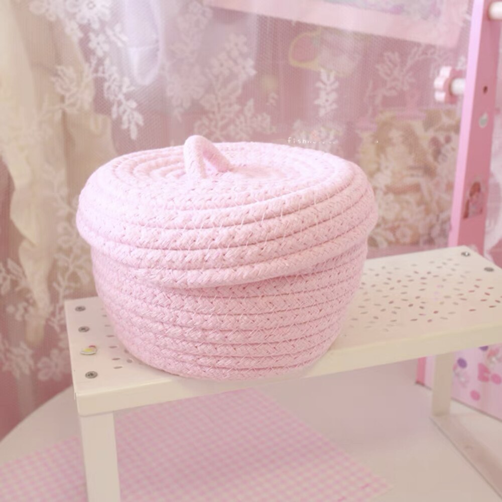 Round White Pink Small Hand Woven Basket Bedside Tabletop Snacks Storage Basket Cosmetics Coffee Table Storage Baskets