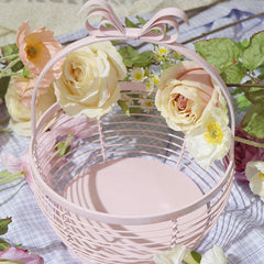YICKYUE  -  Ins Pink Storager Bow Handle Girl Picnic Basket Home Decoration Laundry Basket Wrought Iron Sundries Organizer Flower Basket