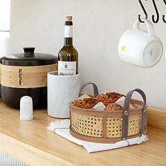 Round Rattan Woven Tray Decorative Tray with Leather Handle, Vanity Tray Organiser for Kitchen Home Serving, Storage and Display