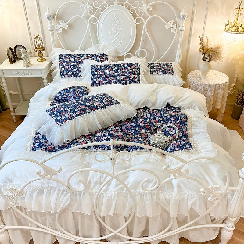 YICKYUE  -  100% Cotton Chiffon Lace Princess Bedding Set Korean Style Floral Printed Duvet Cover Bedspresd Bed skirt Pillowcases
