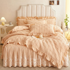 Yickyue 100%Cotton Solid Color Quilted Comforter Bedding Set Soft Breathable White Lace Ruffle edge Duvet Cover Bedskirt Pillowcase 4Pcs