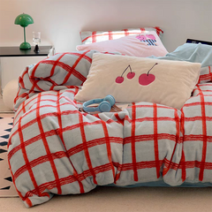 YICKYUE  -  Girly Cherry & Plaid Plush Bedding Set