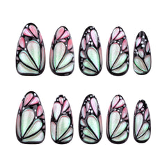 YICKYUE  -  Gradient Pearlescent Powder Vivid 3D Butterfly Almond Nail Art Fashion False Nails Detachable Finished Fake Nails Press on Nails