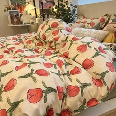 YICKYUE  -  Ins Style Bedding Set Fashion Solid Color Washable Duvet Cover Without Comforter Pillowcases Sheet for Student Soft Home Textile