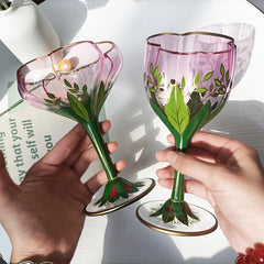 YICKYUE  -  Austrian Medieval Champagne Cup Crystal Glass Red Wine Cup Pink Hand-painted Ice Cream Bowl Vintage Flower Goblet