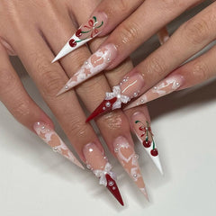 YICKYUE  -  24pcs Super Long Tip Cherry Pink French Fake Nails With Hollow Star Love Design Press On Nails Stiletto 3D Bow Pearl False Nails