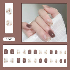Yickyue Marbled Blooming Fake Pres Nails Set Press on Tips Short False Nails Reusable Adhesive Fingernails Stick-on Nails Accessories 24