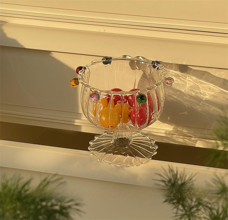YICKYUE  -  Creative Colored Glass Ball Design, Striped Tall Glass, Korean Style, Fresh Yogurt Fruit Bowl, Crown Simple Pudding Salad Bowl