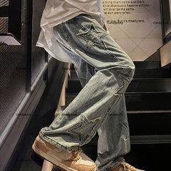 Hearujoy  90s Streetwear Y2k streetwear men baggy jean American high street trend star patch straight loose versatile wide-leg pant for mopping the floor