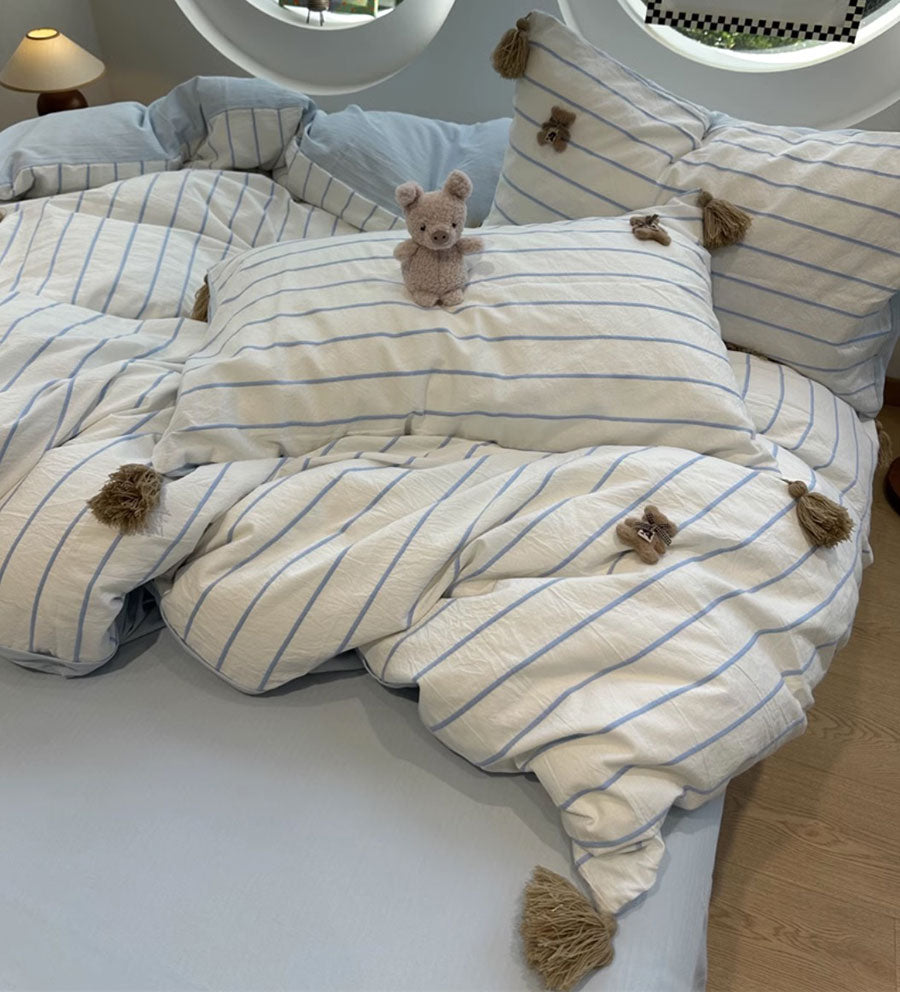 YICKYUE  -  Fresh fashion blue stripes bear bedding set 1.5 1.8 2.0,full queen king cotton home textile bed sheet pillow case quilt cover