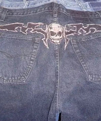 Hearujoy  Vintage Skull Print Gothic Fashion Trend Embroidery Street Y2k Casual Denim Pants Straight Wide Leg Jeans for Men Women