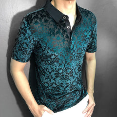 YICKYUE  -  Black Gold Abstract Pattern Lace Sexy Polo See Quality Men Through Social Club Luxe Transparent Shirt Summer Short Sleeve Polo