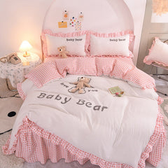 White Pink Cute Sanding Cartoon Stereoscopic Toy Bear Girl Bedding Set Duvet Cover Bed Skirt Bed Sheet Pillowcases Child's Gift
