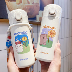 Japanese Style Kawaii Good Morning 304 Stainless Steel Bouncing Mug Water Cup Student Cute Pea Mug Outdoor Portable Water Bottle