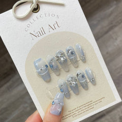 YICKYUE  -  10pcs/box with Tool Box Snow Diamond Handmade Nails Pure Manual XS S M L Crystal Haze Blue False Nail Full Cover Press on Nails