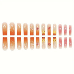 YICKYUE  -  24pcs Long Ballet Y2k Nails Press On Nails 3D Sweet Flower Orange Gradient False Nails With Cute Pearl Decor Finished Fake Nails