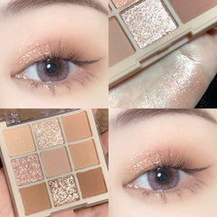 Yickyue 9 Colors Nude Shimmer Eyeshadow Pallete Waterproof Glitter Matte Eyeshadow Long Lasting Pigment Shiny Eyeshadow Makeup Palette