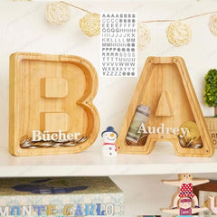 Wooden Piggy Bank Saving Money Box 26 Letters of The Alphabet Transparent Money Jar Coin Bank Desk Decoration Artcraft Ornaments