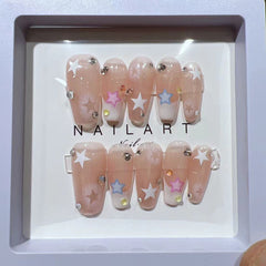 Pink Blue Stars Handmade Press On Nails
