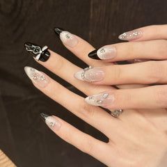 YICKYUE  -  10pcs Handmade Press on Nails Sweet Pink Cat Eye False Nails Wearable Full Cover Black French Bow Design Almond False Nail Tips