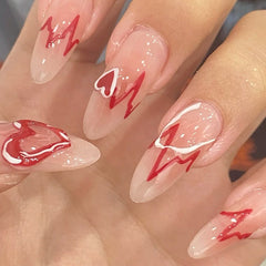 24Pcs French Almond Electrocardiogram Fake Nails Simple Heart Nails Ladies Press On Designed False Nails Tips Full Cover Nail