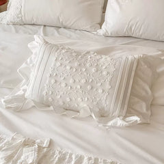 YICKYUE  -  White Cotton Cushion with Ruffle, Rectangular, Bow-tie, Lumbar Pillows, Living Room, Bedroom, Throw Pillow, Wedding Decor, 30x50
