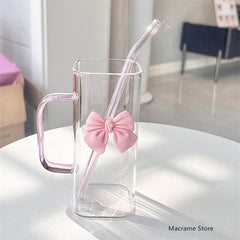 YICKYUE  -  Transparent Simple Square Water Cup with Lid Girl's Ins Wind Glass Straw Cup High Temperature Resistant Coffee Milk Cup Handle