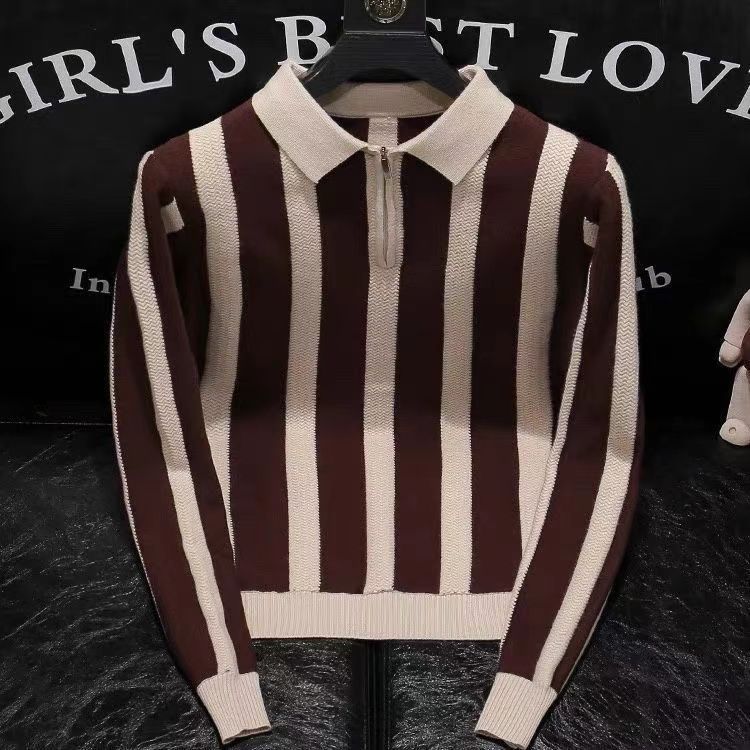 Hearujoy British Style Luxury Knit Polo Shirt Men Striped Short /Long Sleeve Half Zipper Top Business Casual High Quality Tee Streetwear