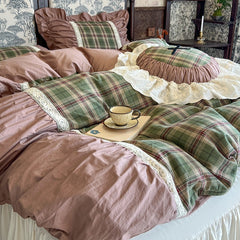 YICKYUE  -  French Retro Style Cotton Princess Style Four-piece New Style Pure Cotton British Plaid Bed Skirt Bedding