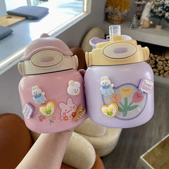 CuteThermo Bottles For Coffee Tea Girl Kid Insulated Stainless Steel Water Bottle Kawaii Straw Tumbler Travel Vacuum Flask 700ml