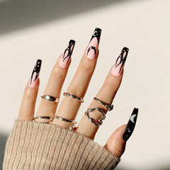 24 Pcs Pink Artificial Diamond Fake Nails French Black Flame Stars Halloween Ballet Press On Nail Tips Manicure Decoration Tools