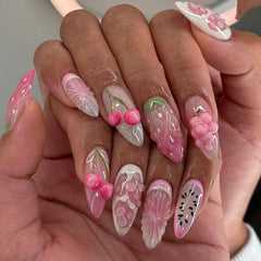 YICKYUE  -  24pcs Sweet Pink Fruit Style False Nails 3D Cherry Strawberry Design Ins Korean Cute Fake Nail Tips Girl Wearable Press on Nails