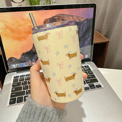YICKYUE  -  360ml Cute Water Ice Coffee Cups  Sainless Steel Thermos With Straw Tumbler For Tea Beer Juice Kawaii  Thermal Drink Bottle Gift