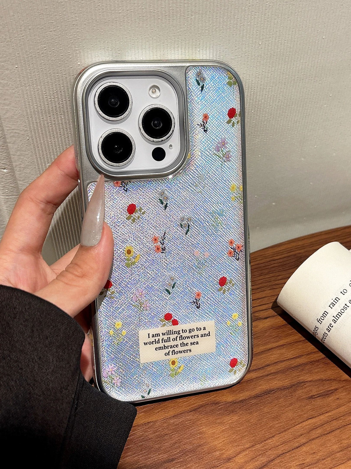 YICKYUE  -  Korean ins Full Screen Colorful Flowers Silver Edge Phone Case for iPhone 16 15 14 13 Pro Max Back Cover Fund