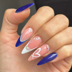YICKYUE  -  24pcs Blue Long Stiletto Fake Nails Pearl Press on Nails Bright Hot Girl Fake Nails with 3D Seashell Flower Full Over Nail Tips
